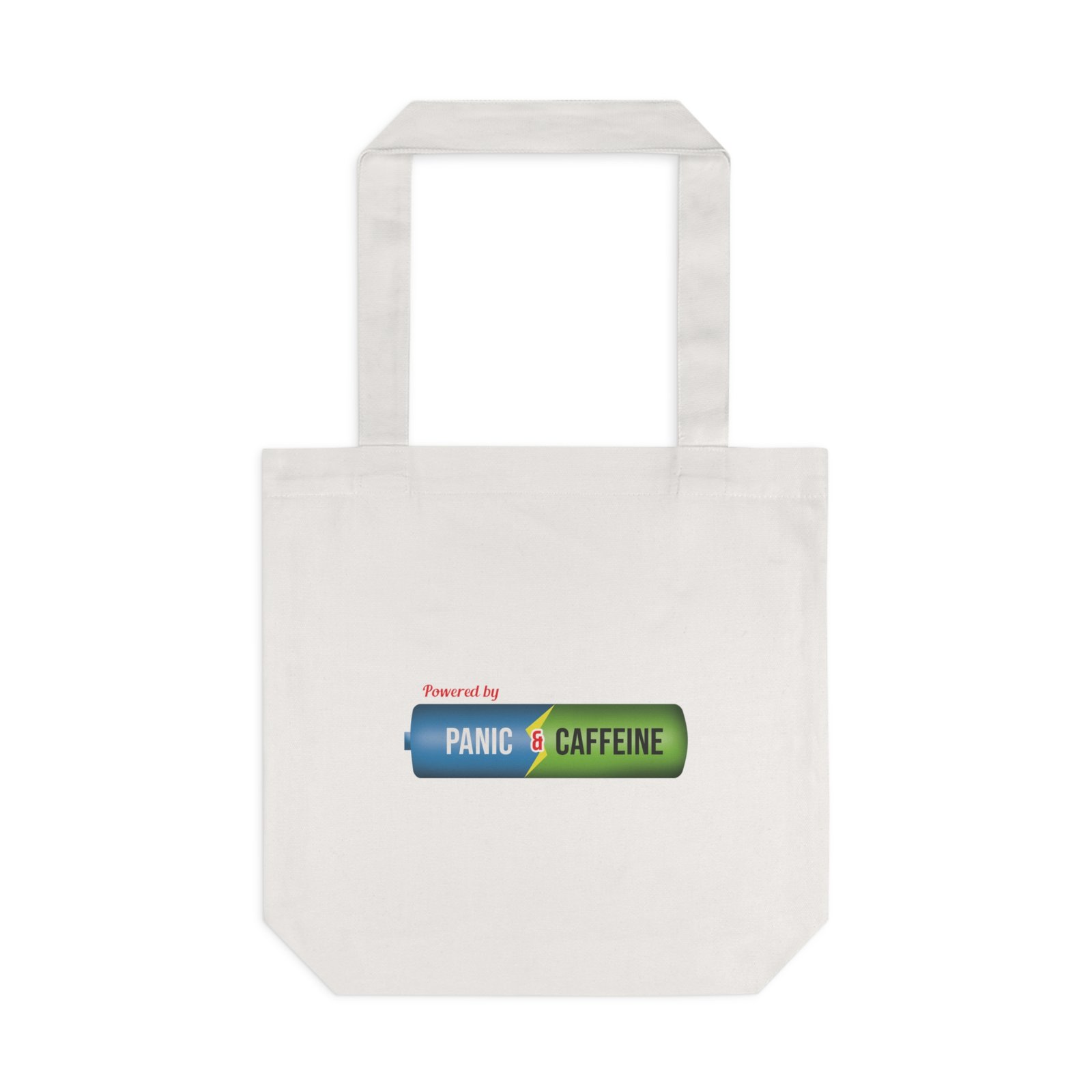 tote bag — "powered by panic & caffeine" graphic cotton tote tote bag — "powered by panic & caffeine" graphic cotton tote