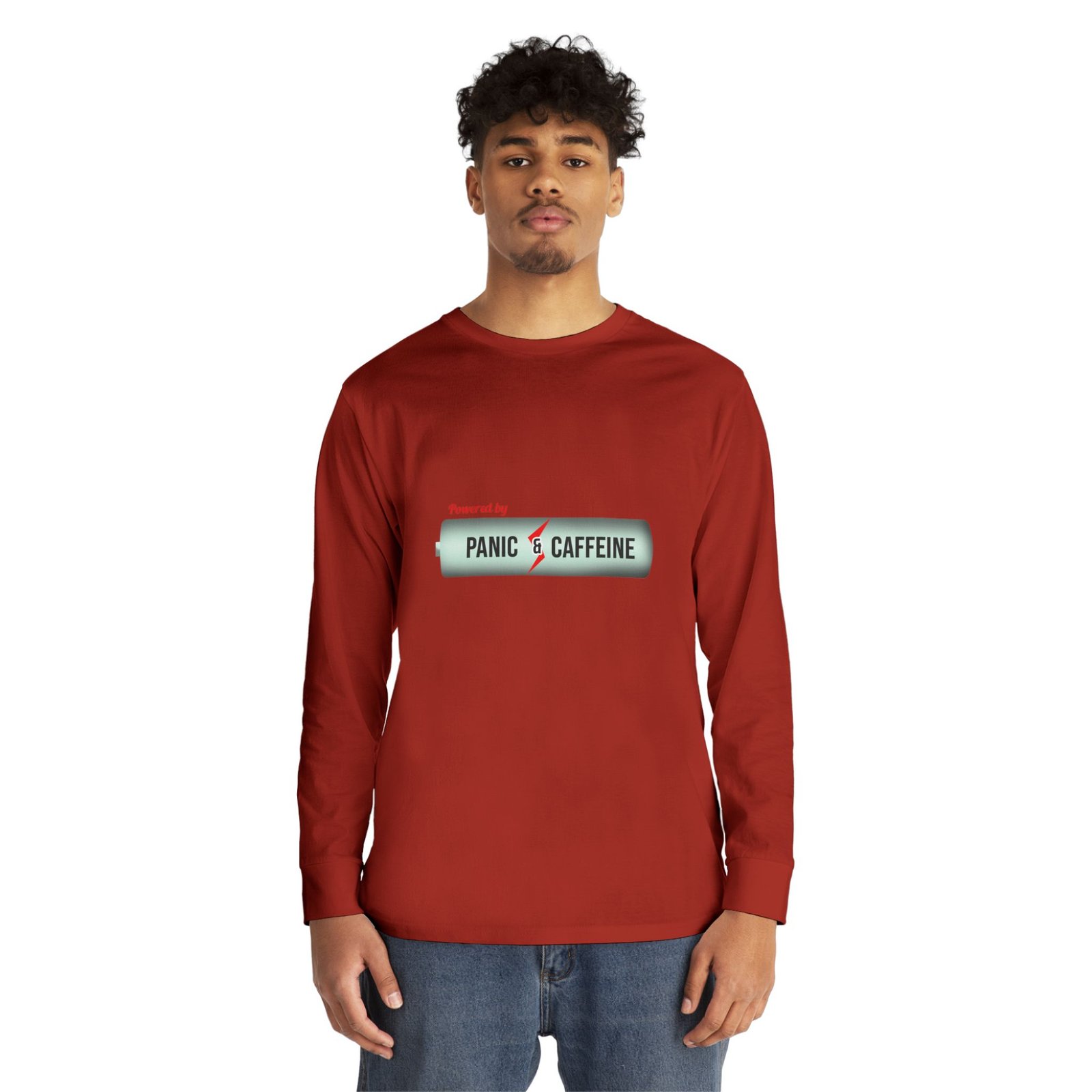 long sleeve tee — "fueled by panic & caffeine" retro pill graphic long sleeve tee — "fueled by panic & caffeine" retro pill graphic
