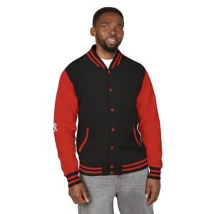 letterman jacket — retro repeat 'r' logo varsity jacket