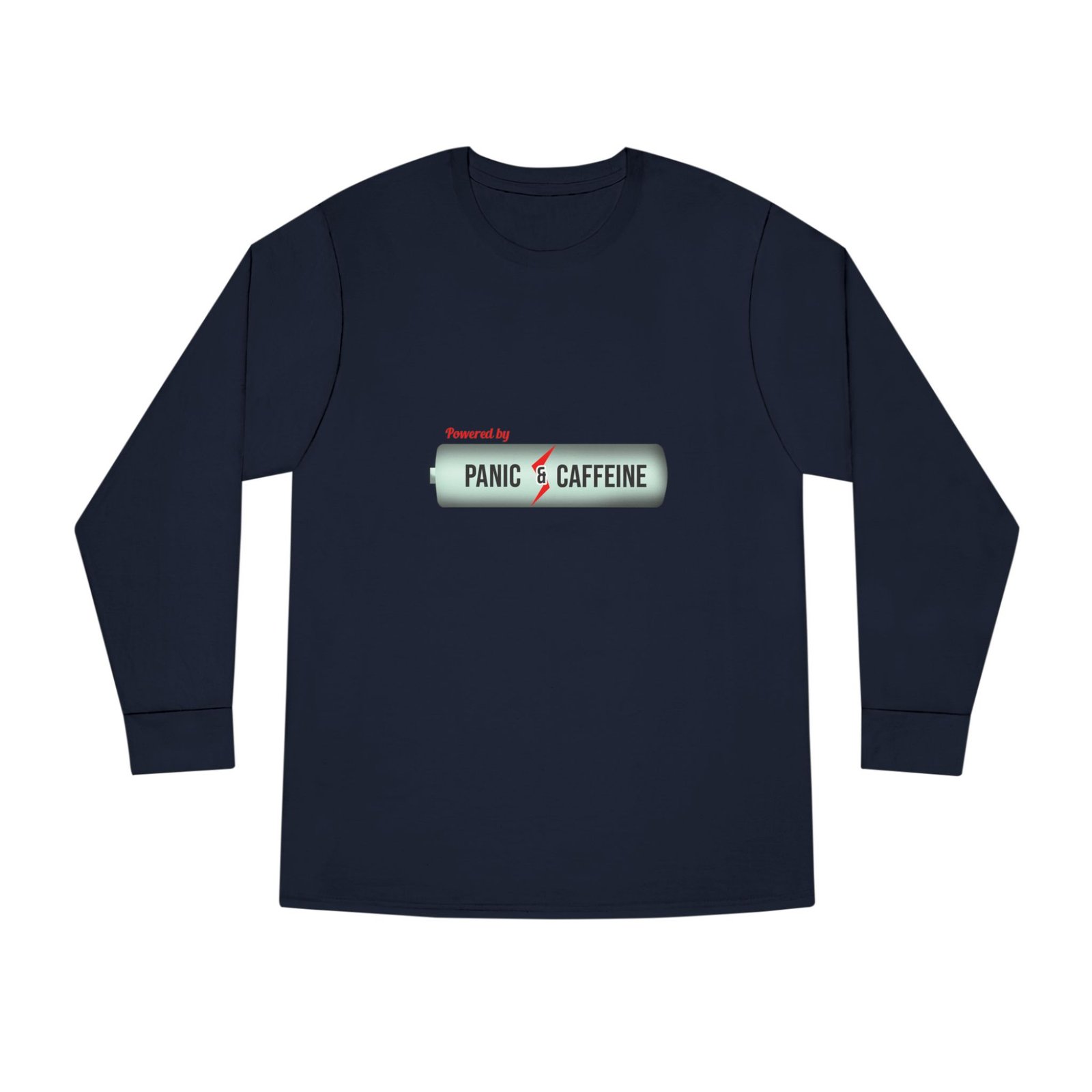 long sleeve tee — "fueled by panic & caffeine" retro pill graphic long sleeve tee — "fueled by panic & caffeine" retro pill graphic