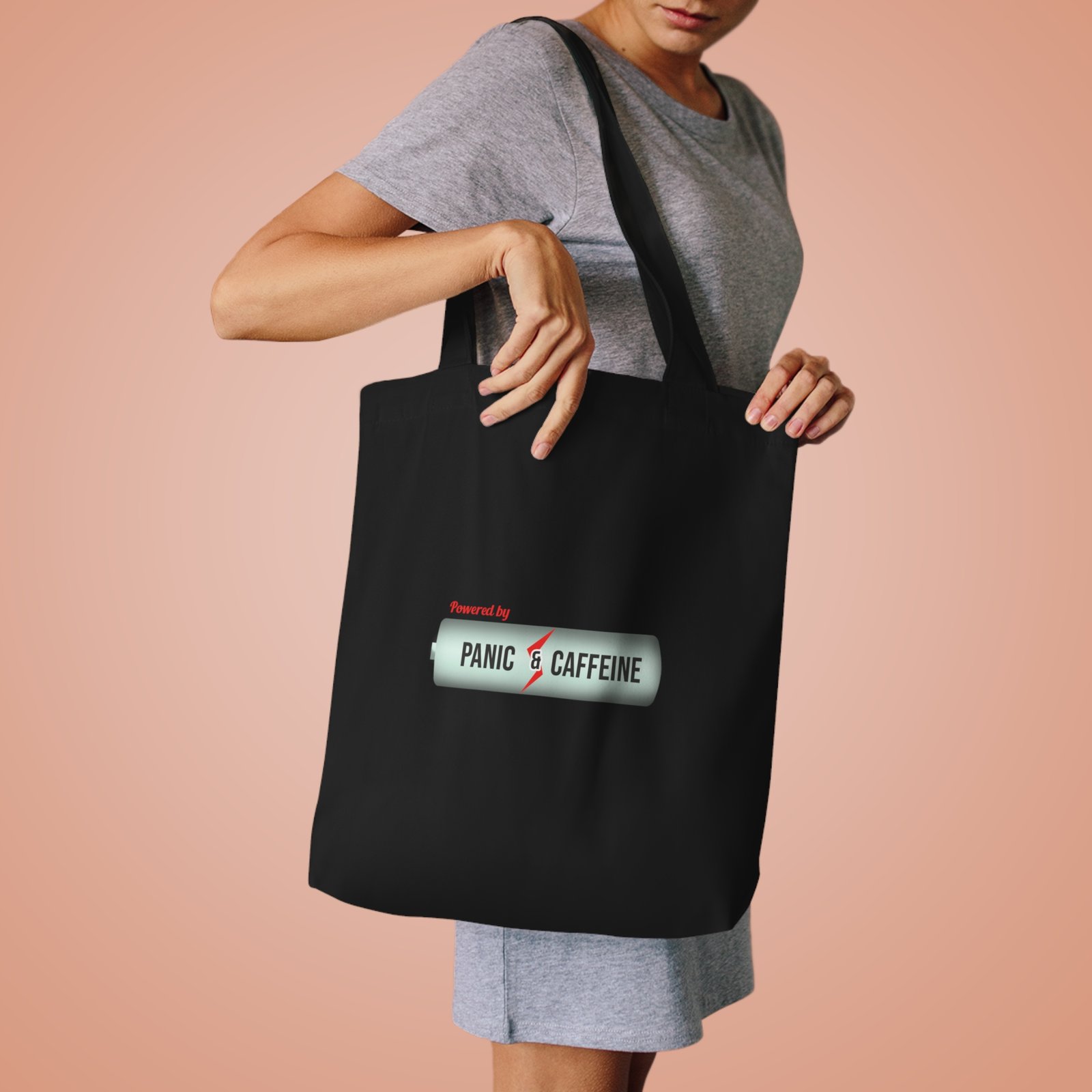 tote bag — "powered by panic & caffeine" graphic cotton tote tote bag — "powered by panic & caffeine" graphic cotton tote