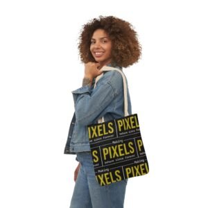 pixels repeat canvas tote bag — retro yellow logo grocery & everyday carry