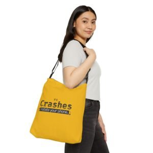 adjustable tote bag — yellow “if it crashes rotate your phone.” graphic tote