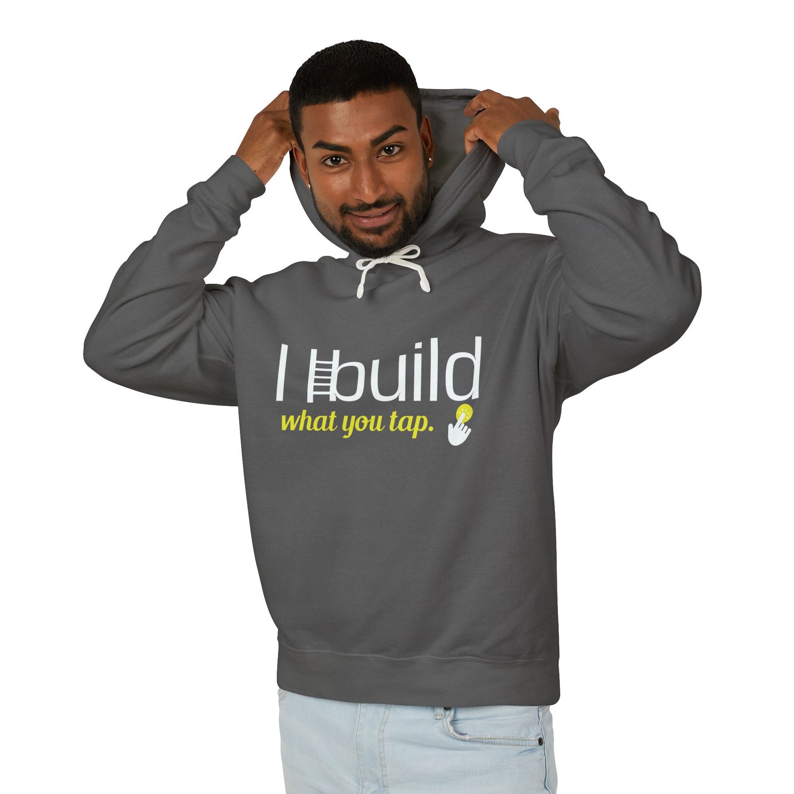 developer hoodie — “i build what you tap” tech hoodie with logo developer hoodie — “i build what you tap” tech hoodie with logo