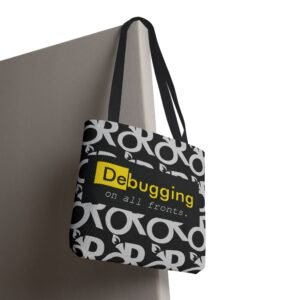 debugging on all fronts tote bag — programmer code humor aop tote