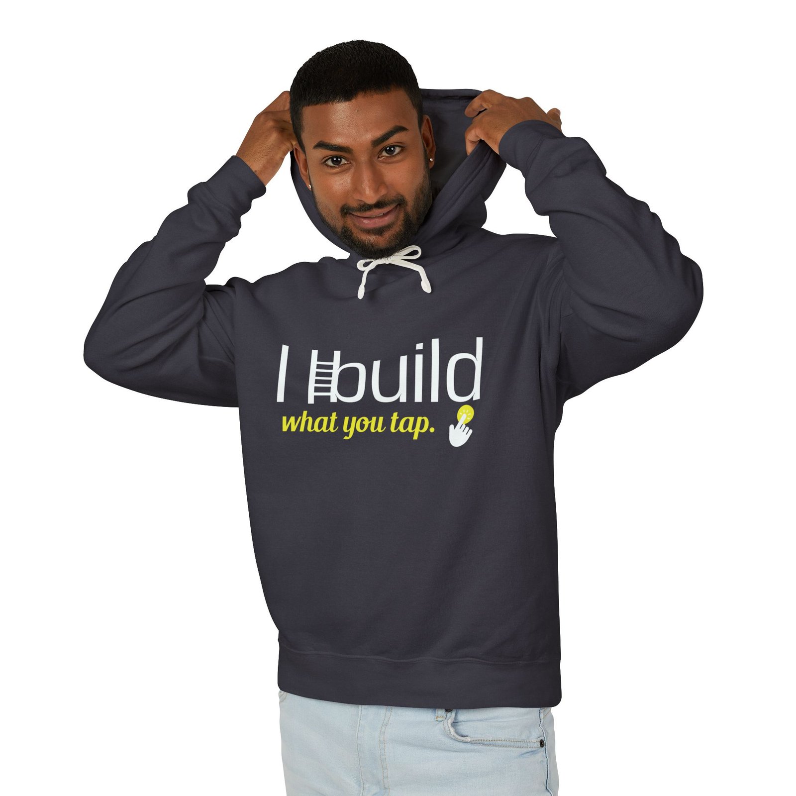 developer hoodie — “i build what you tap” tech hoodie with logo developer hoodie — “i build what you tap” tech hoodie with logo