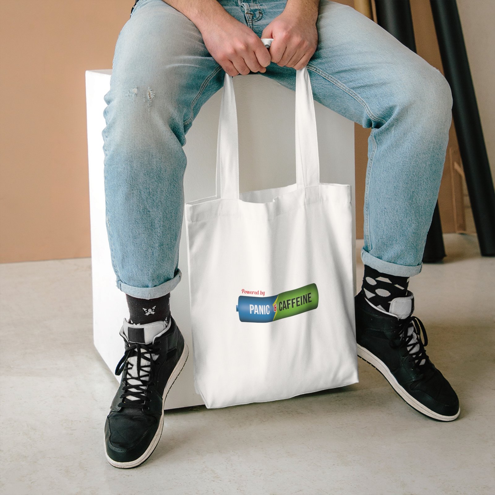 tote bag — "powered by panic & caffeine" graphic cotton tote tote bag — "powered by panic & caffeine" graphic cotton tote