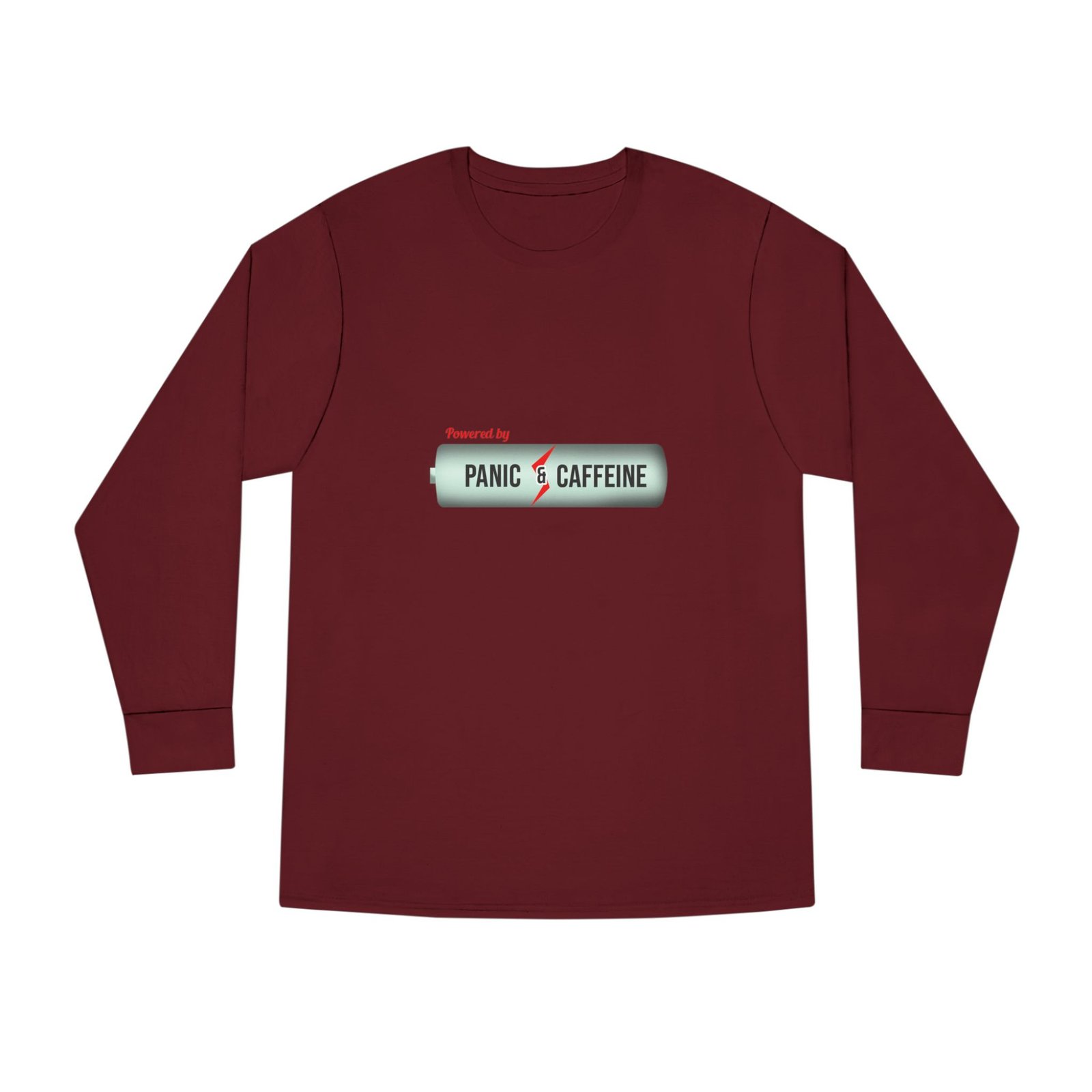 long sleeve tee — "fueled by panic & caffeine" retro pill graphic long sleeve tee — "fueled by panic & caffeine" retro pill graphic