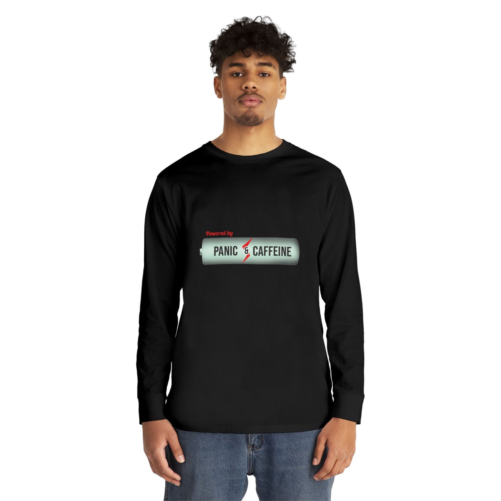 long sleeve tee — "fueled by panic & caffeine" retro pill graphic long sleeve tee — "fueled by panic & caffeine" retro pill graphic